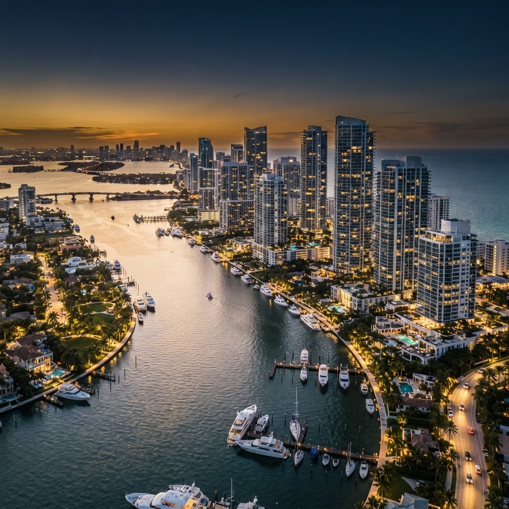 Aerial view of a Florida waterfront cityscape at golden hour